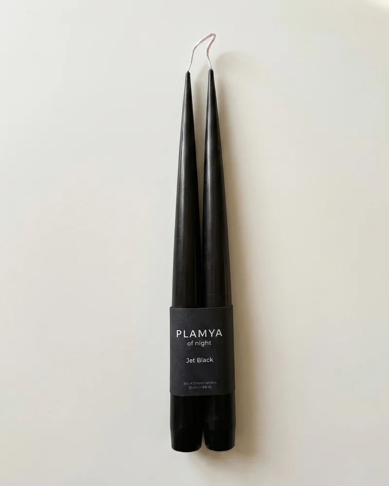 Jet Black taper candle pair wrapped with a PLAMYA paper band