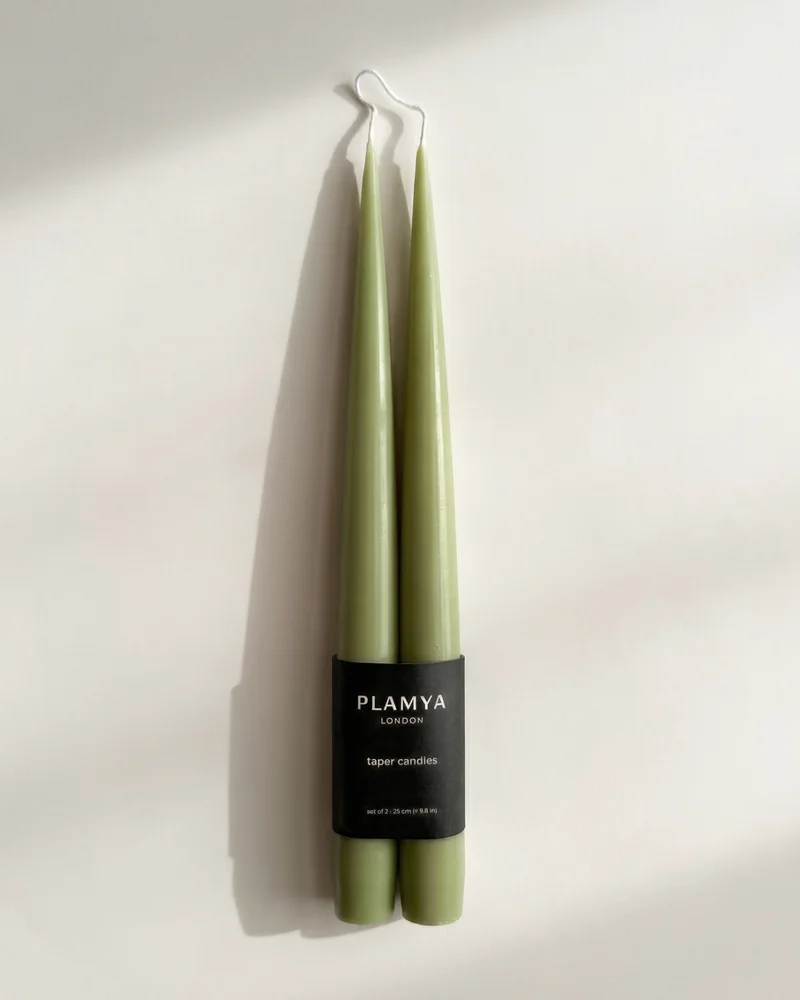 Sage Mist taper candle pair wrapped with a black PLAMYA paper band